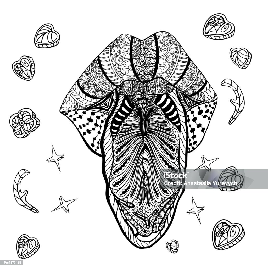 Antistress coloring page mandala style open mouth plump lips and a protruding tongue isolated on white for child coloring book tattoo design print package card designer clothes icon logo stock illustration