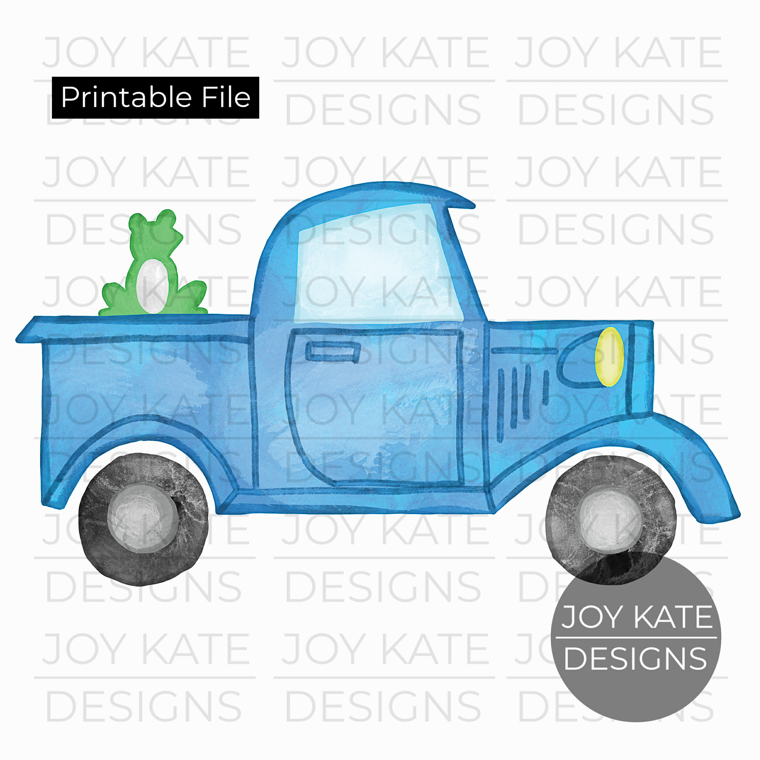 Blue truck with frog watercolor printable png