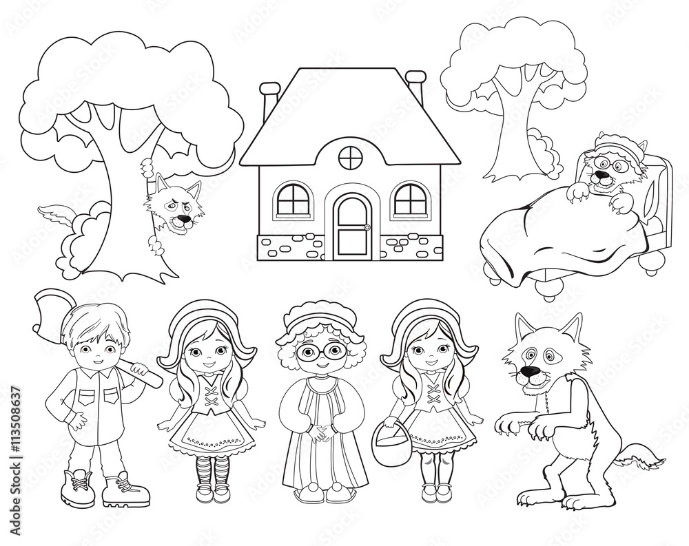 Coloring little red riding hood big set for education vector