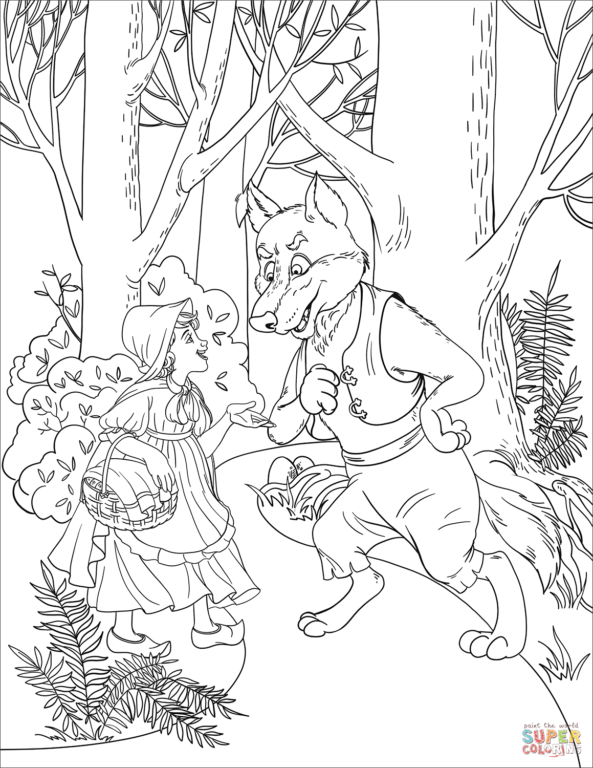 Little red riding hood meets a wolf coloring page free printable coloring pages