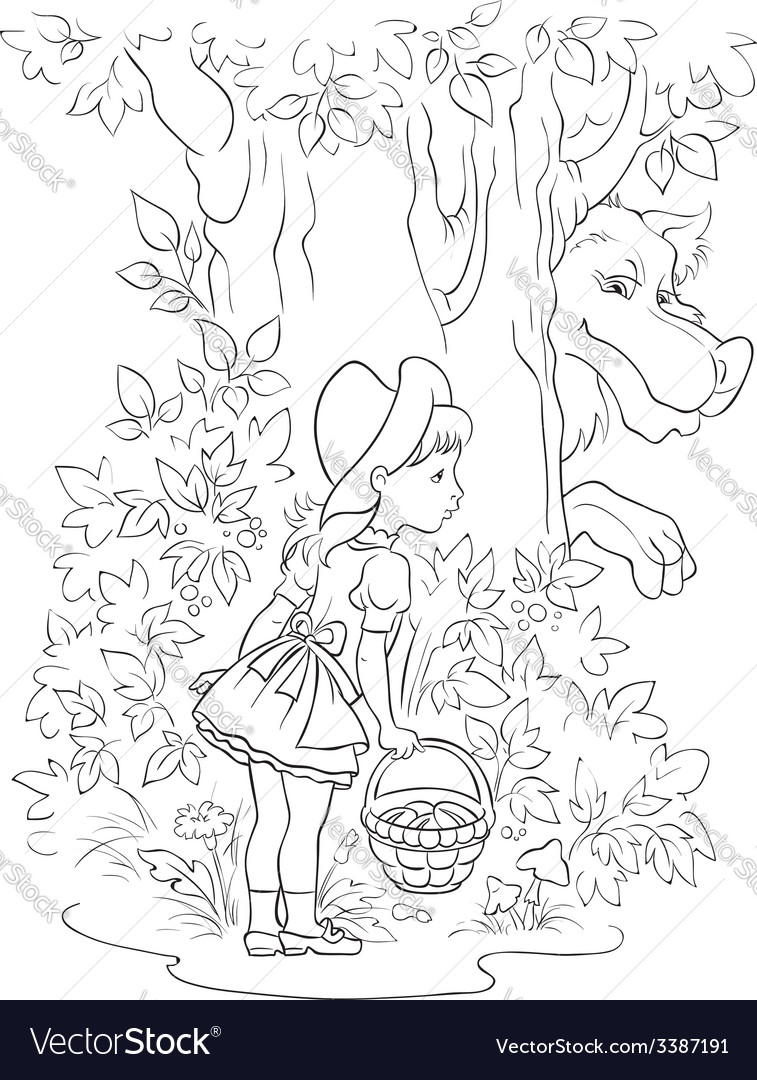 Little red riding hood and wolf colouring page vector image