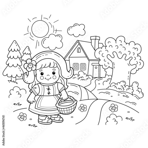 Coloring page outline of cartoon cute girl with basket walking home along the path little red riding hood fairy tale fabulous hero coloring book for kids vector