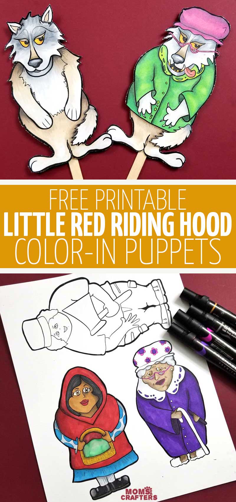 Little red riding hood puppets to print moms and crafters