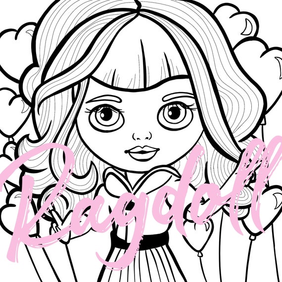 Colouring page printable heart balloon doll colouring page blythe doll inspired kawaii cute kids art adult colouring coloring page download now