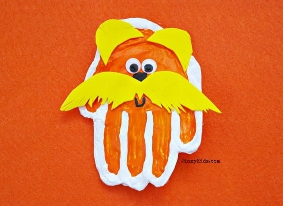 Handprint lorax craft with microwave salt dough