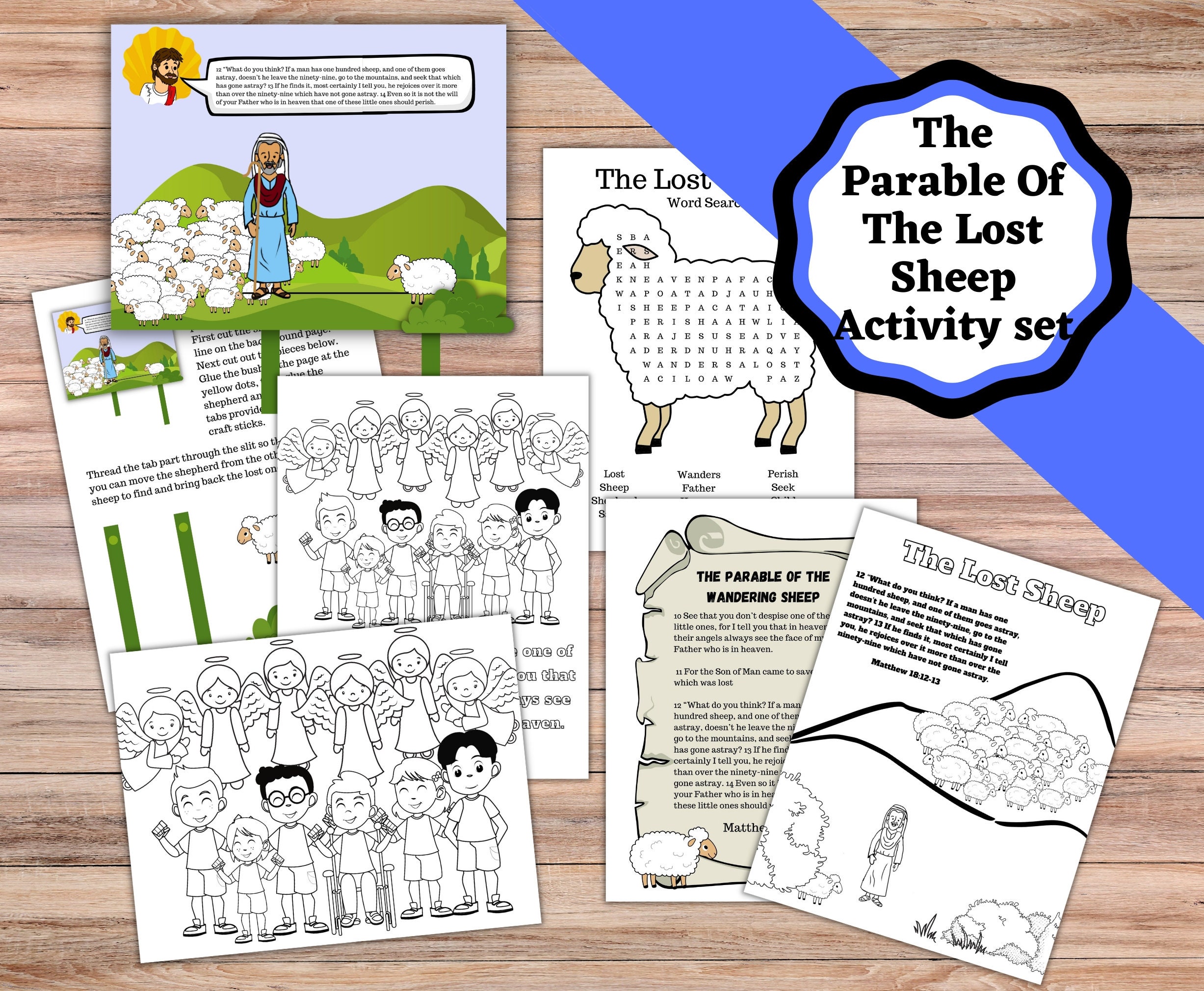 Printable activity set for the parable of the lost sheep lost sheep the lost sheep craft coloring bible verse page and word search