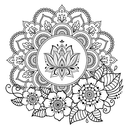 Circular pattern in form of mandala with lotus flower for henna mehndi tattoo decoration decorative ornament in ethnic oriental style coloring book page stock illustration