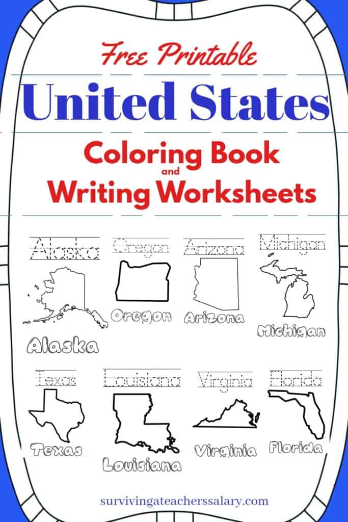 Free united states coloring book and writing worksheets by state