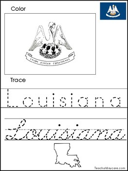 Louisiana color the flag and trace the state print and cursive handwriting