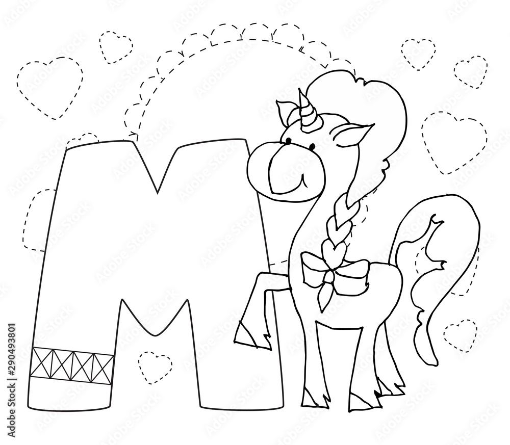 Letter m and funny cartoon unicorn animals alphabet a