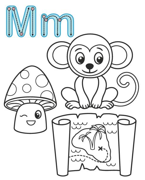 Letter m mushroom map monkey vector coloring book alphabet printable coloring page for kindergarten and preschool stock illustration