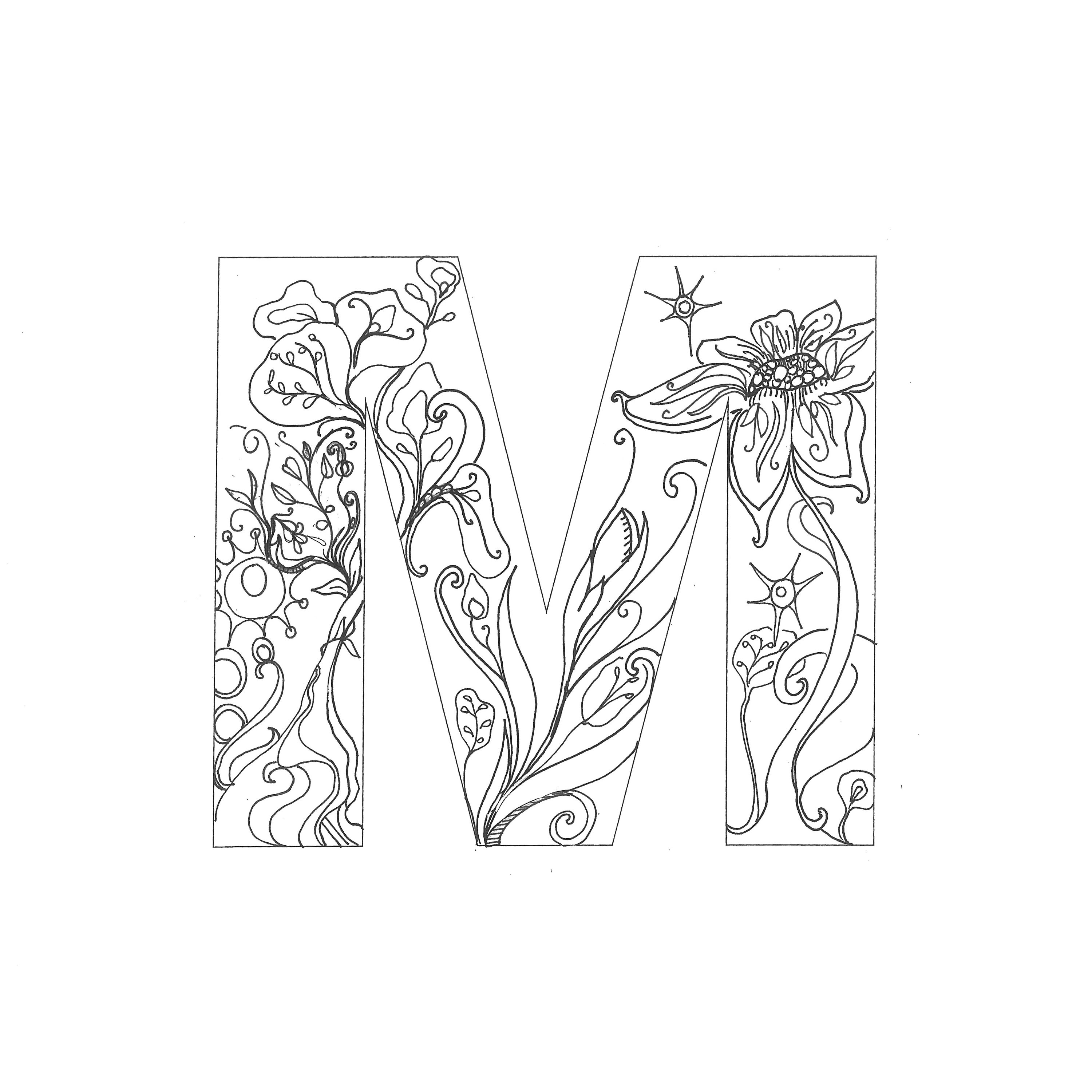 Coloring pages the letter m floral coloring page floral monogram initial m decorative letter instant download