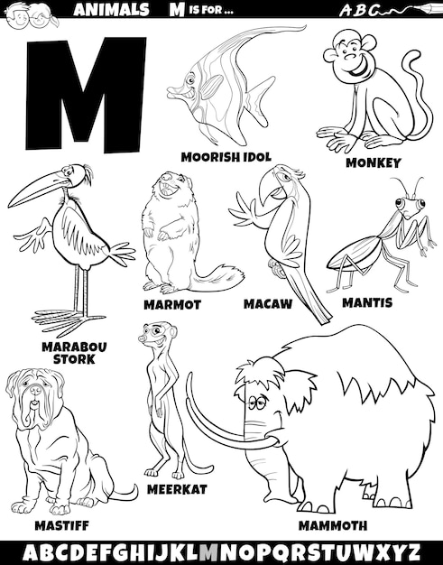 Premium vector cartoon illustration of animal characters set for letter m coloring page