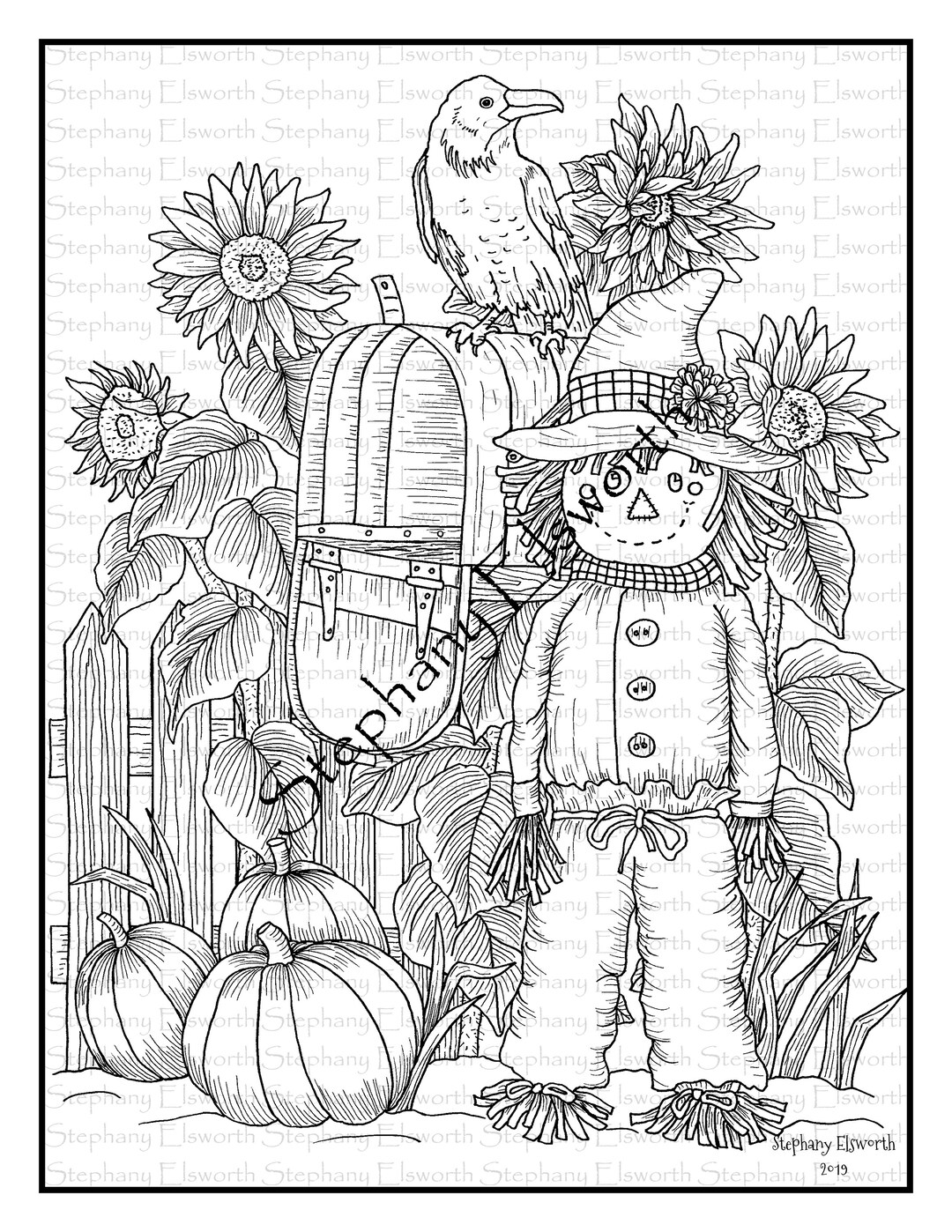 Scarecrow and mailbox x printable instant download coloring page