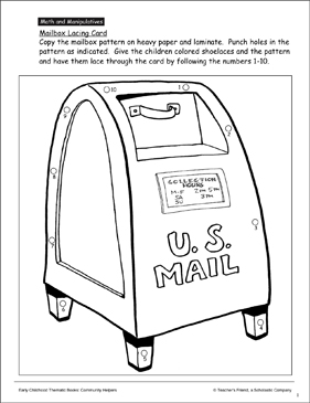 Mailbox lacing card pattern printable craftivities skills sheets