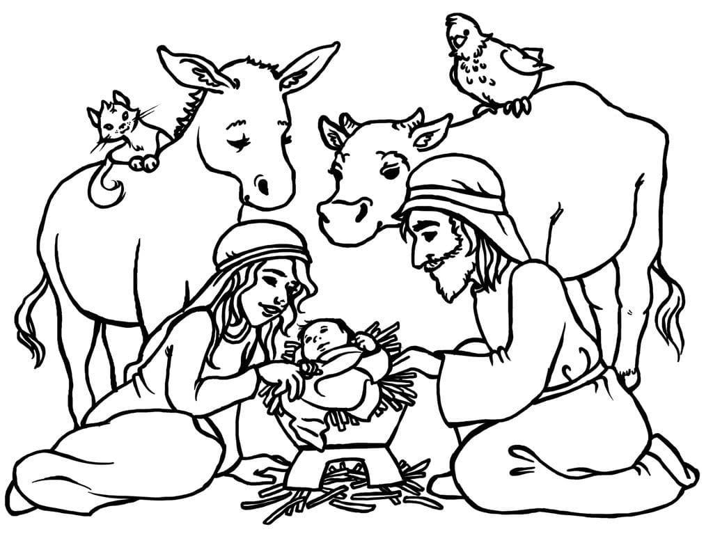 Nativity with animals coloring page