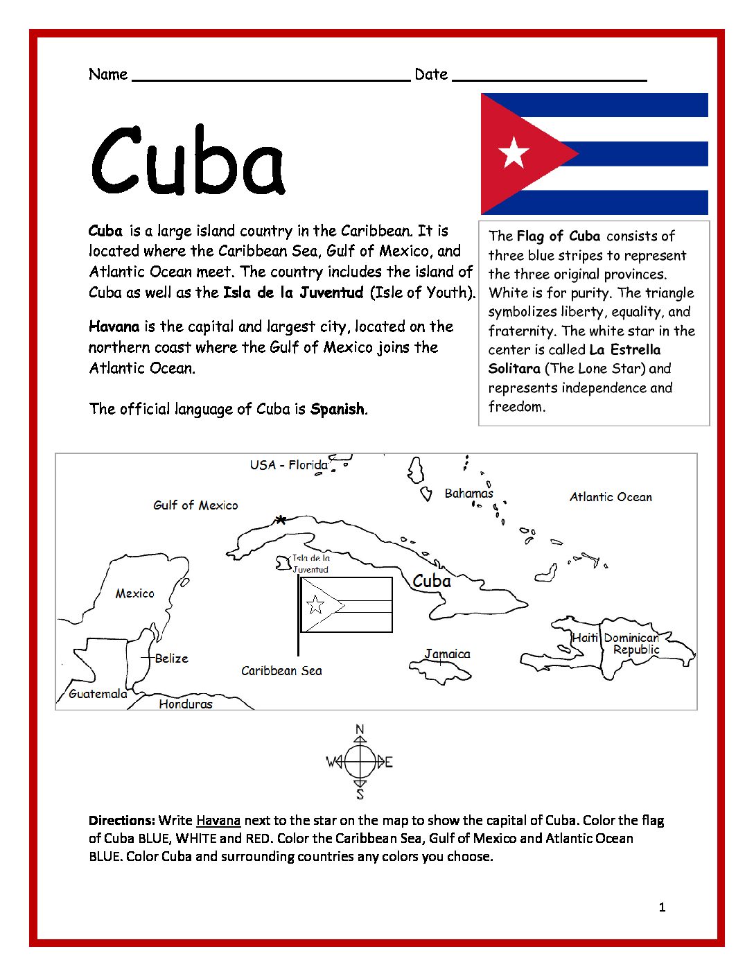 Cuba printable worksheet with map and flag