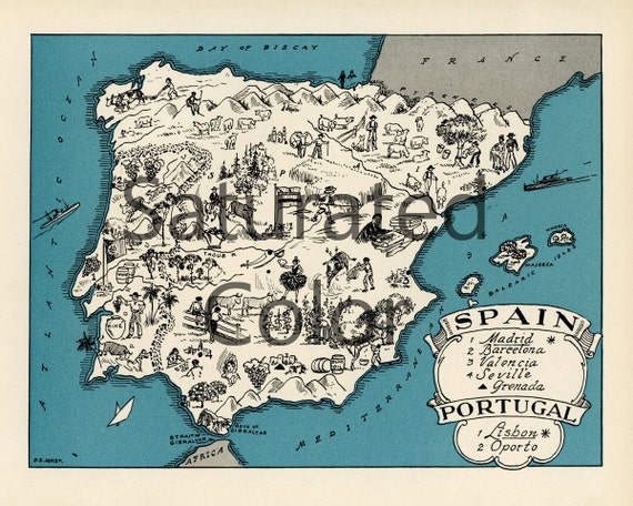 Spain portugal map digital download vintage picture map diy print frame x or for pillows totes cards wedding paul spener johst madrid