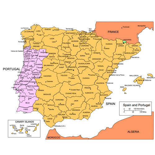 Spain and portugal maps for powerpoint administrative districts capitals