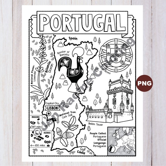 Portugal coloring page geography of europe digital download coloring page