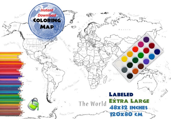 Coloring page world map labeled extra large x inch and x cm colouring map blank map labed countries and oceans