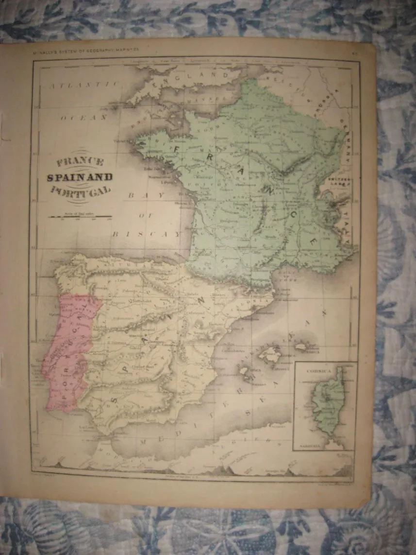 Antique france spain portugal handlored map w mountain print railroad nr