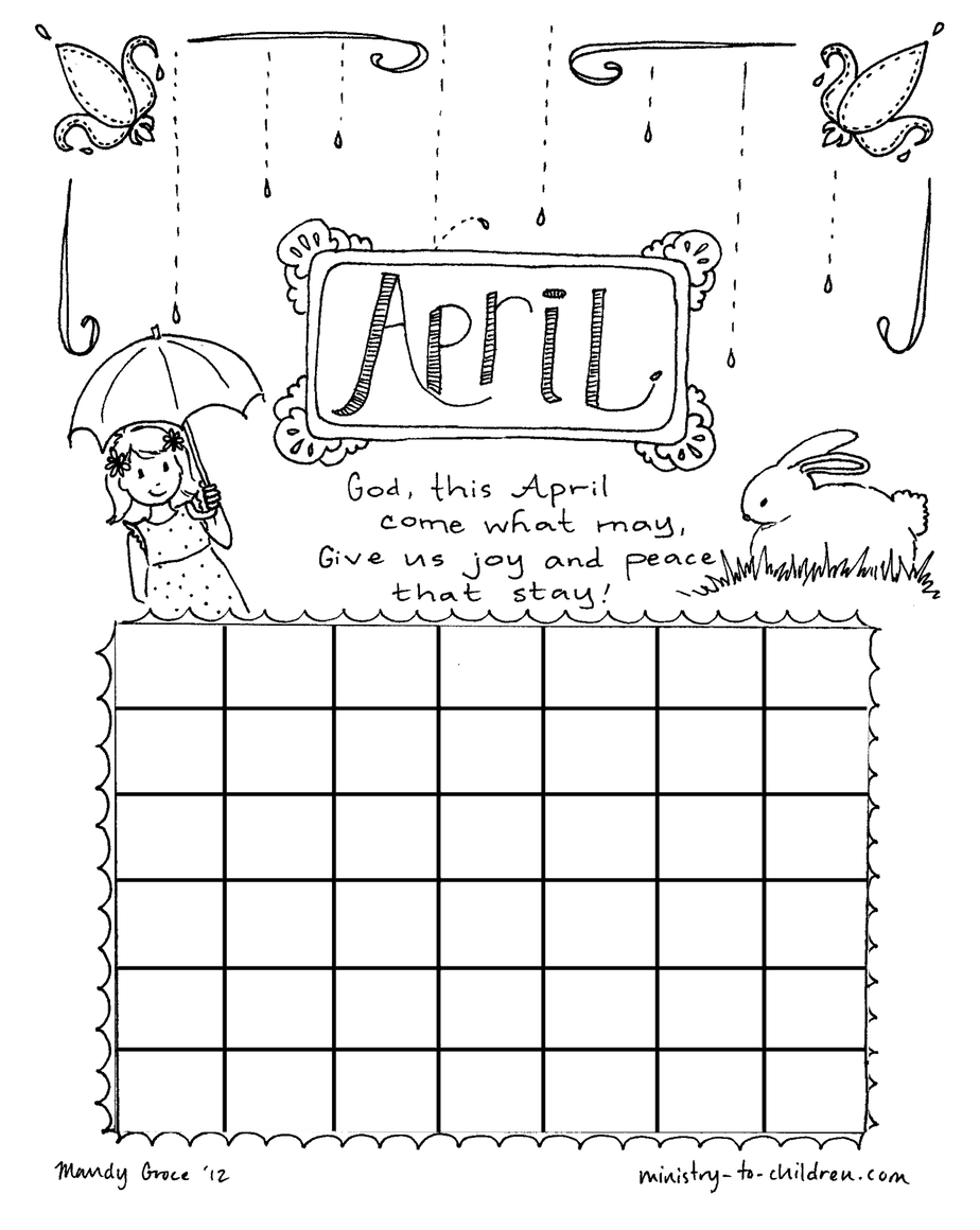 April coloring page calendar sheet for kids