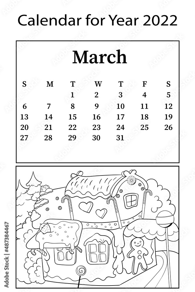 Calendar for month of march vector coloring book gingerbread house fairy tale for children vector