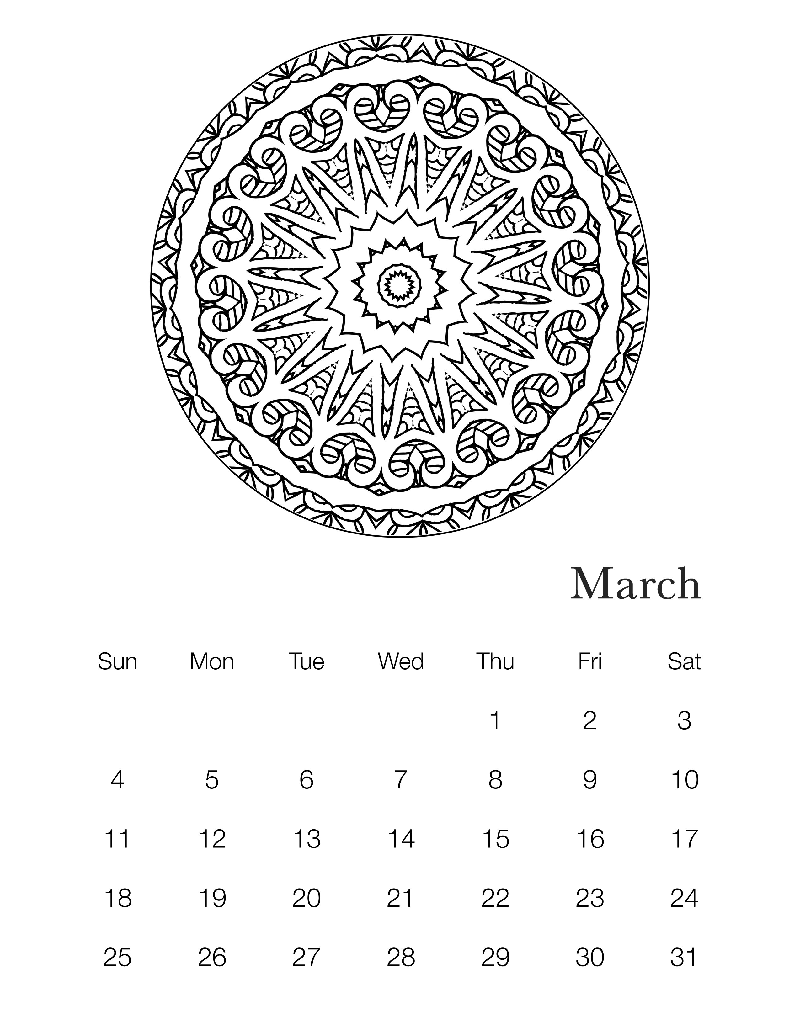 Free printable mandala coloring book calendar