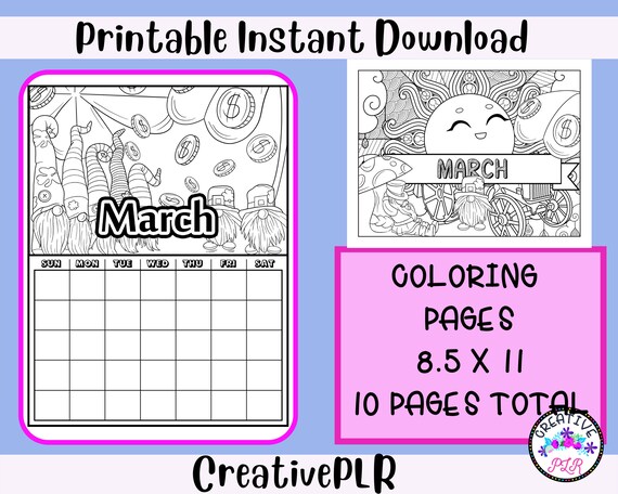 March monthly coloring planner printable coloring pages instant download