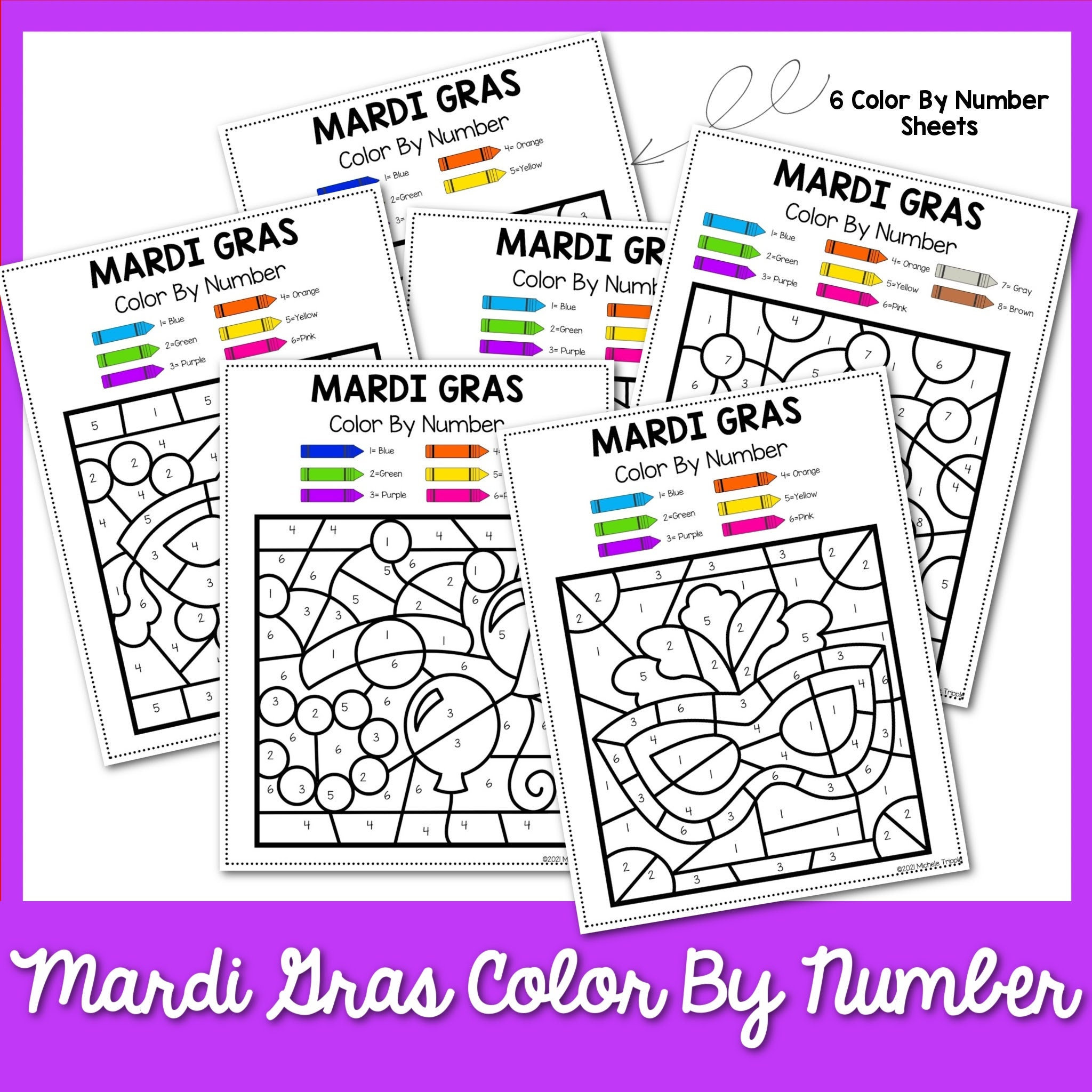 Mardi gras color by number activity for kindergarten coloring guide for kids printable coloring sheets instant download