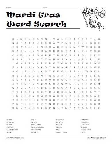 Mardi gras word search â free printable