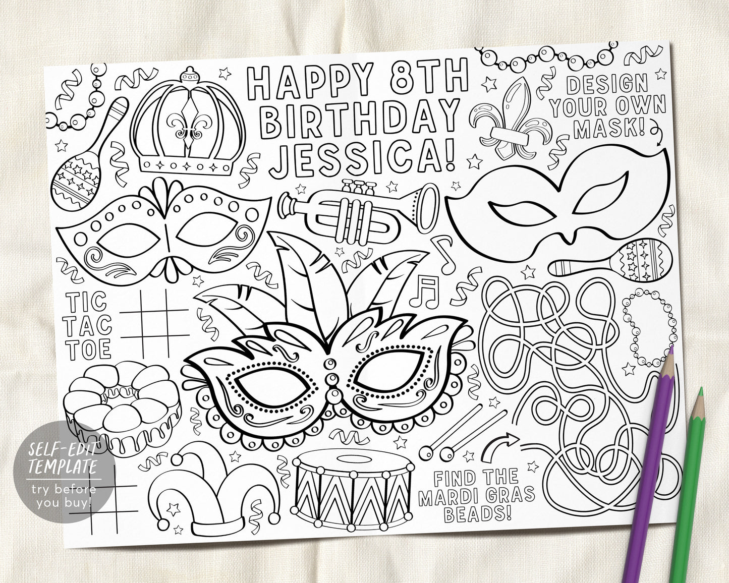 Mardi gras coloring placemat for kids editable template masquerade ba â puff paper co