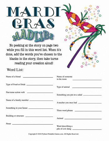 Mardi gras mad libs â printable games