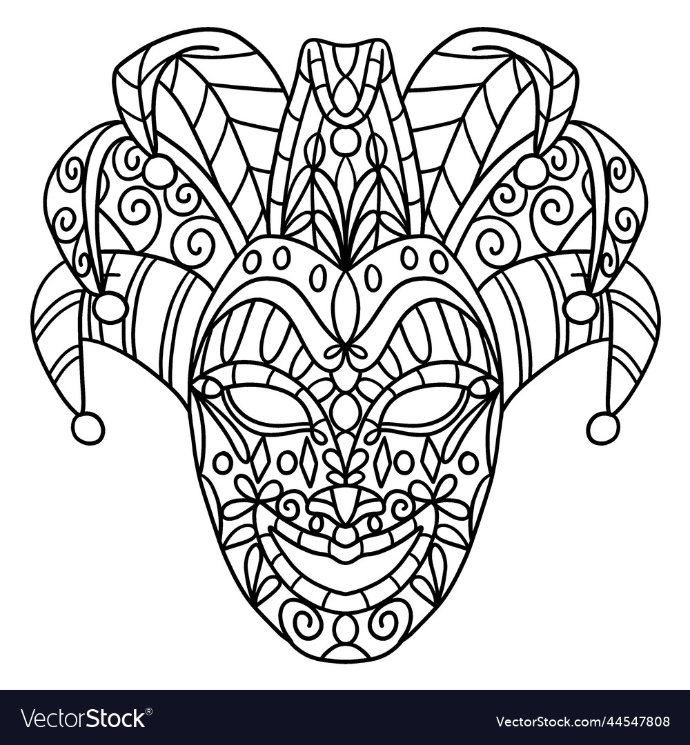 Mardi gras jester mask isolated coloring page vector image