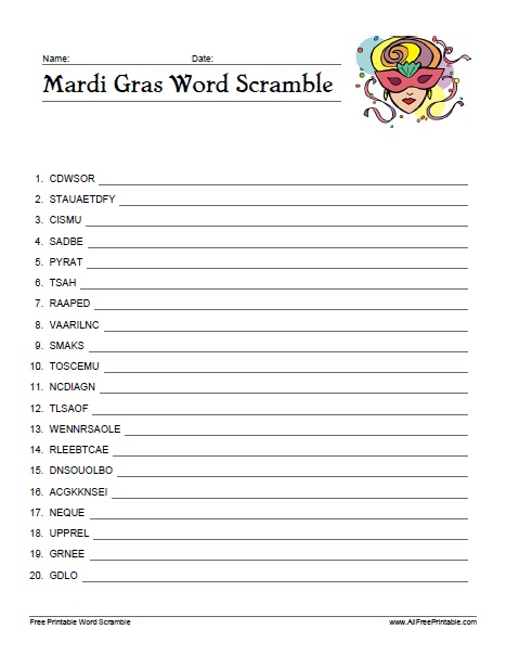 Mardi gras word scramble â free printable