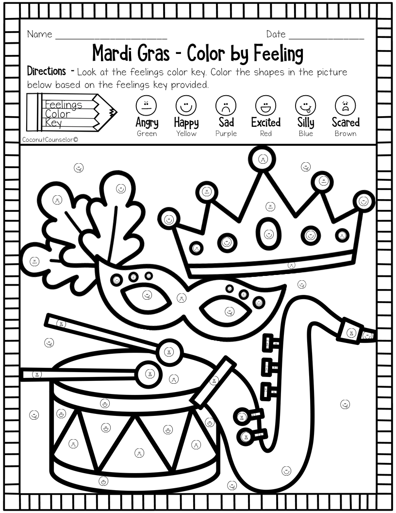 Mardi gras color by feeling worksheets made by teachers