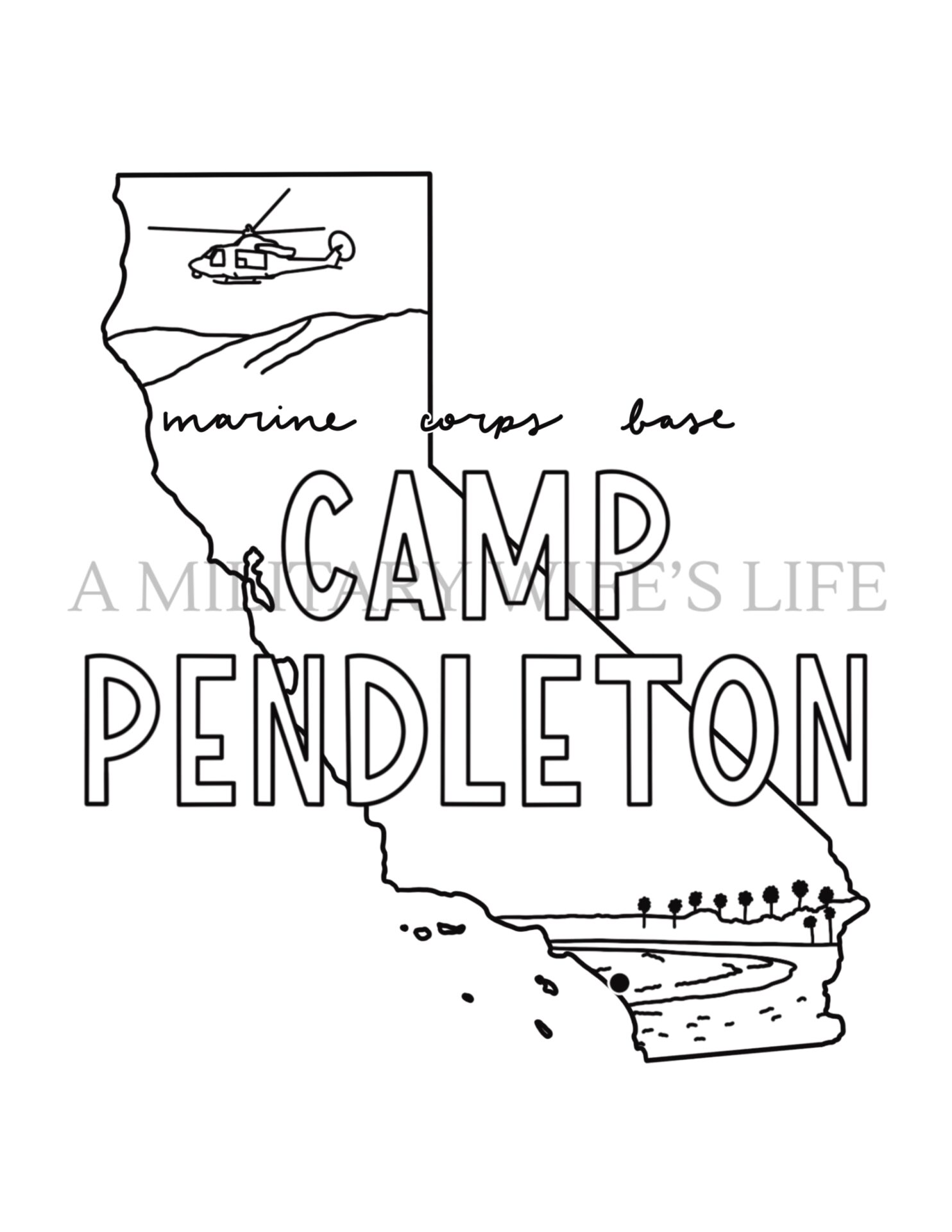 Camp pendleton marine corps base print unframed â military base illustration poster military gift mcb sign duty station wall california drawing