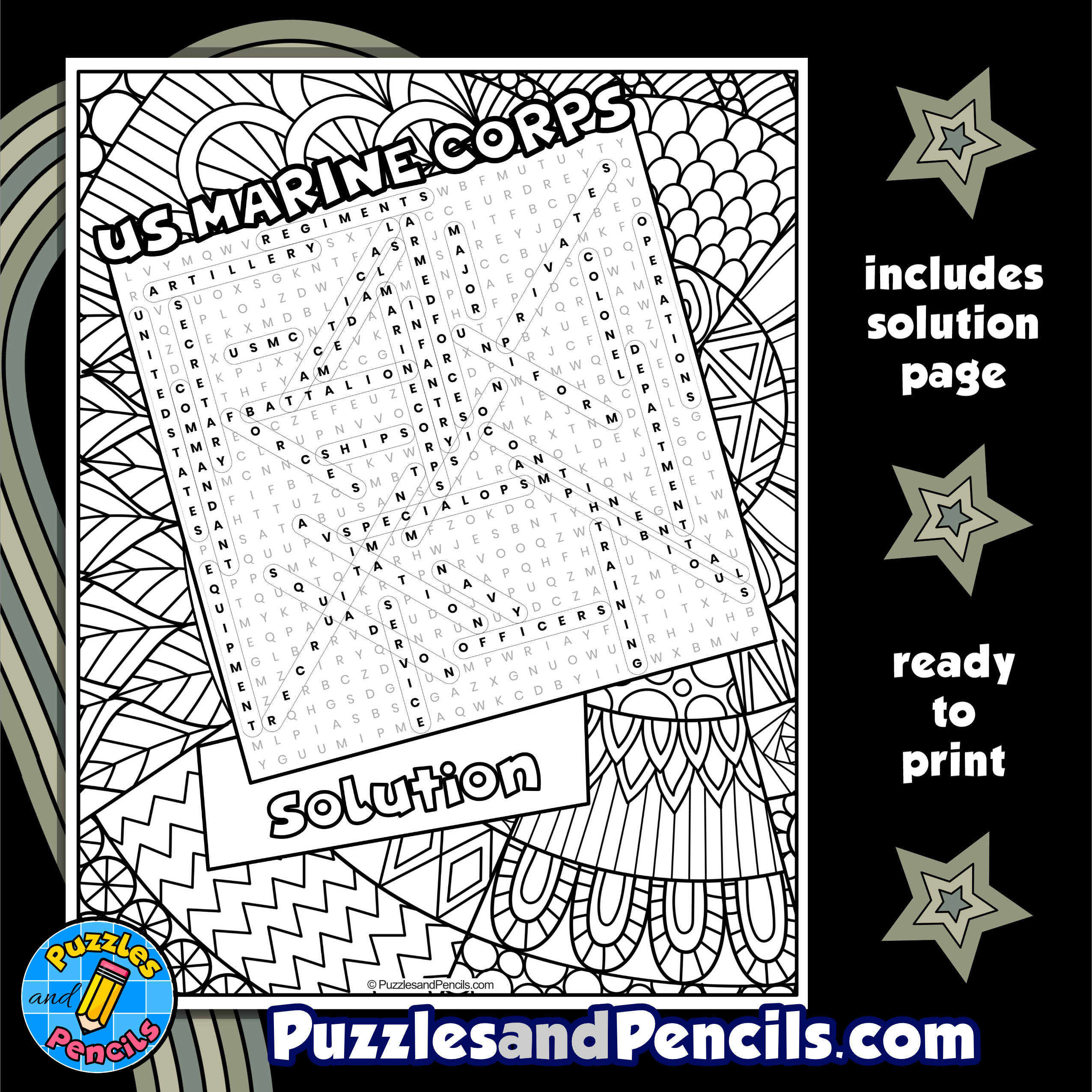 Us marine corps word search puzzle activity page with coloring made by teachers