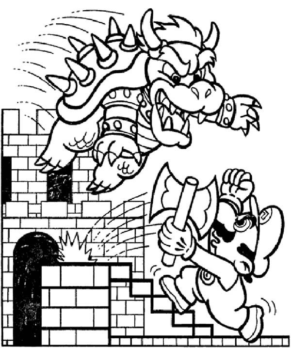 Final battle between mario and dragon in mario brothers coloring page color luna super mario coloring pages mario coloring pages free coloring pictures