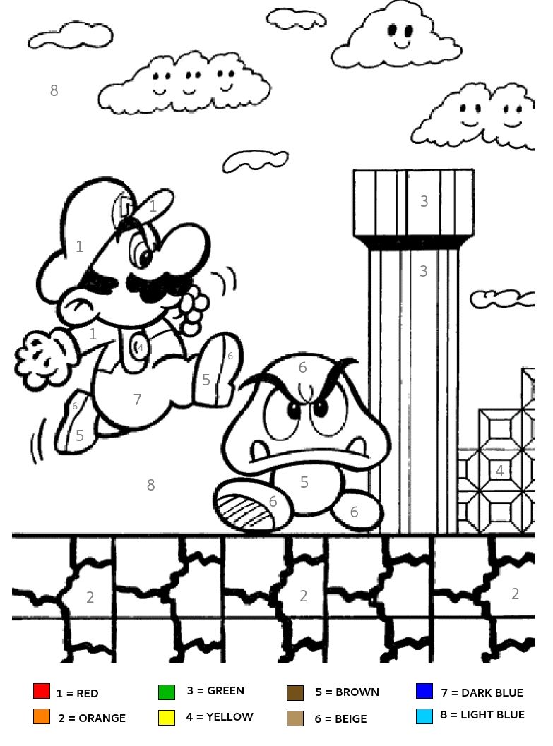 Super mario brothers kids color by number coloring page good for party activities super mario coloring pages disney coloring pages mario coloring pages