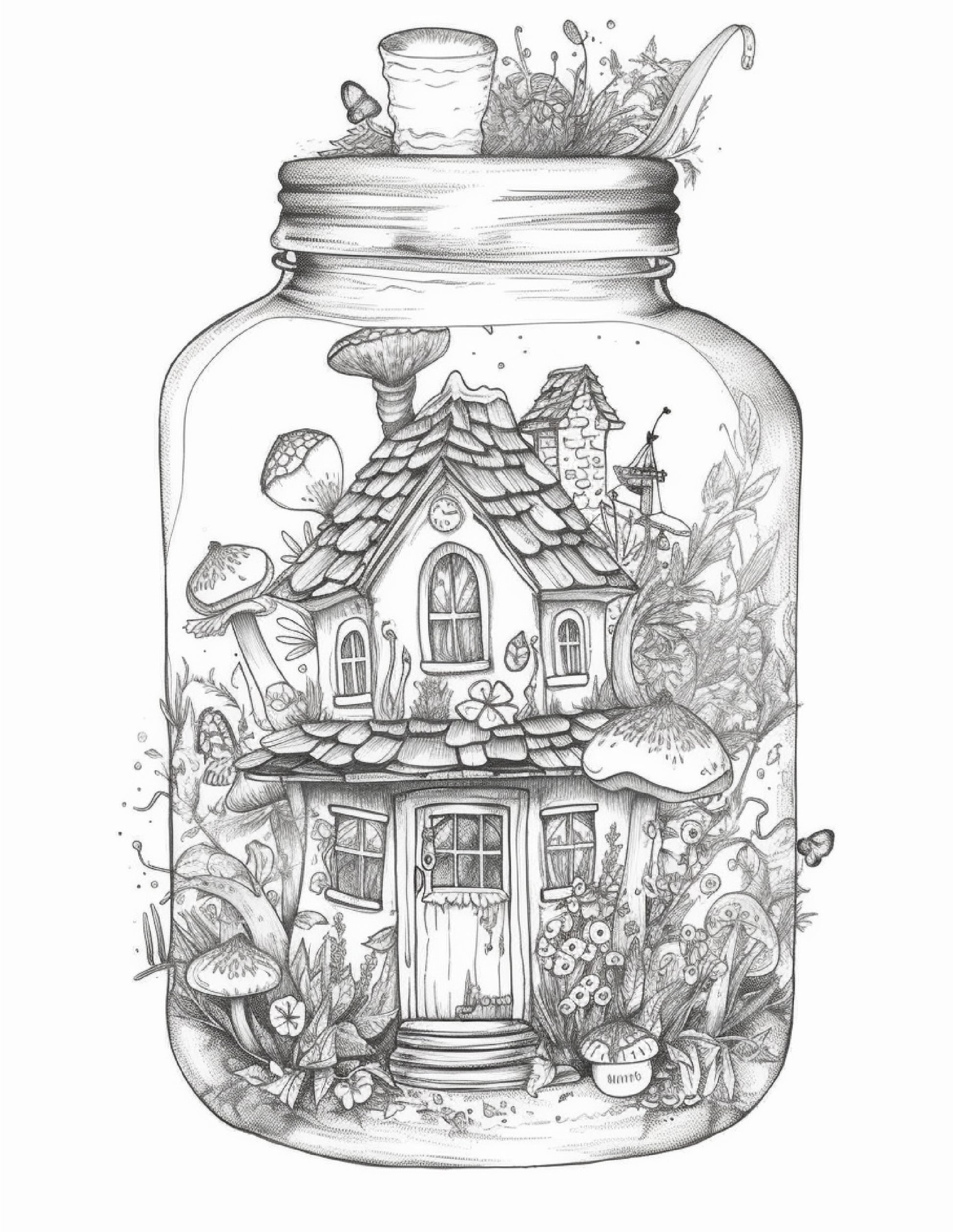 Printable fairy houses in jar coloring pages for adults grayscale â coloring