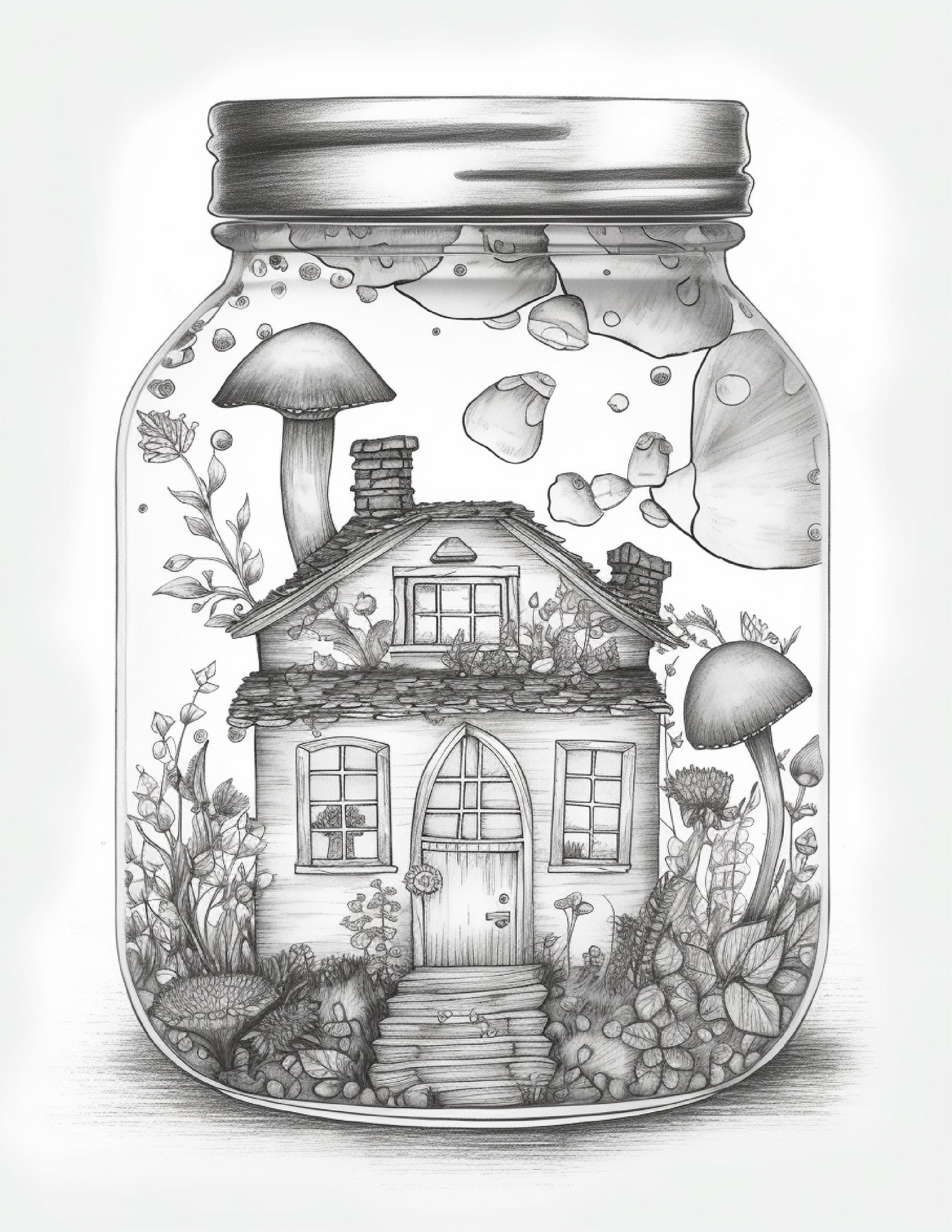 Printable fairy houses in jar coloring pages for adults grayscale â coloring