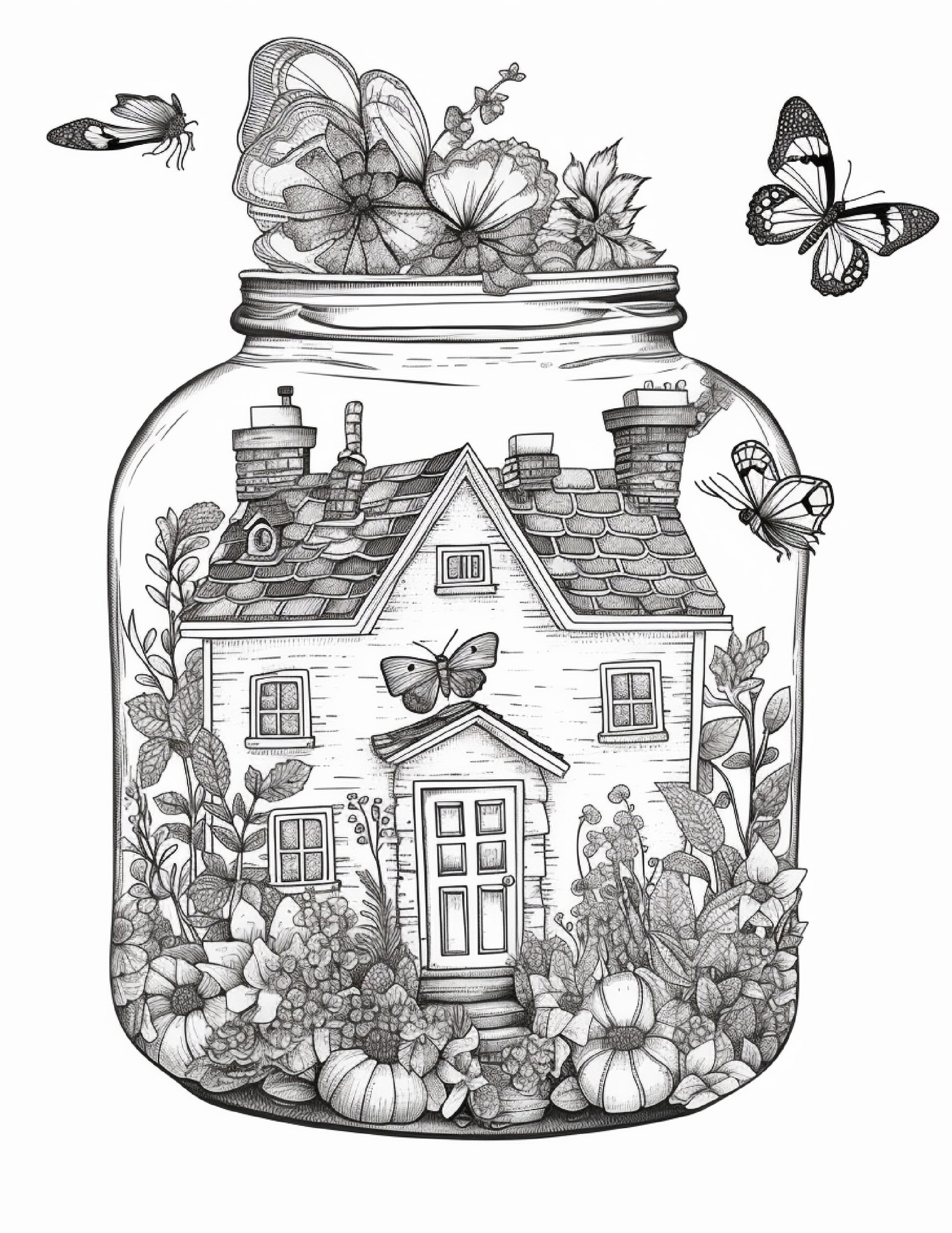 Printable fairy houses in jar coloring pages for adults grayscale â coloring