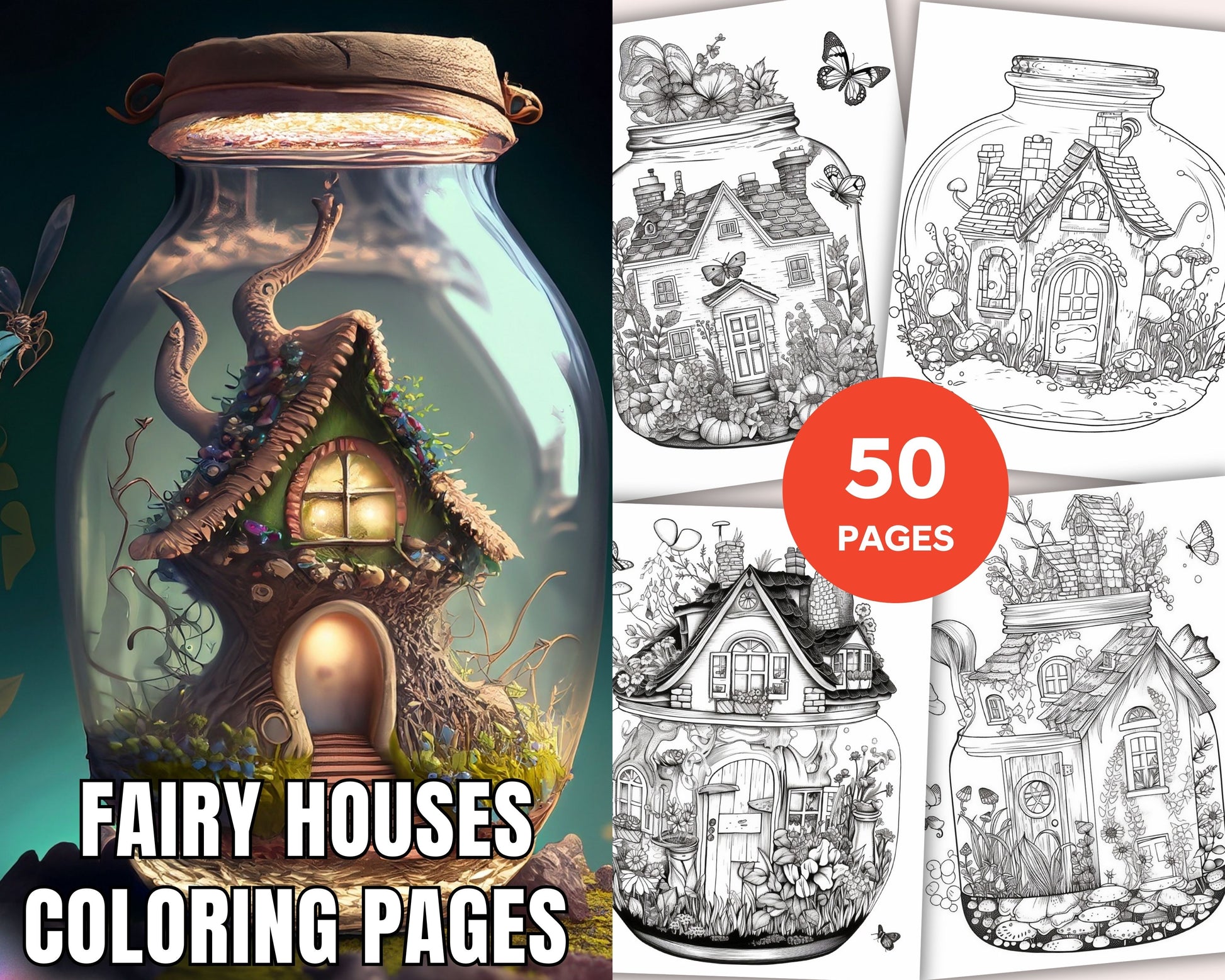 Printable fairy houses in jar coloring pages for adults grayscale â coloring