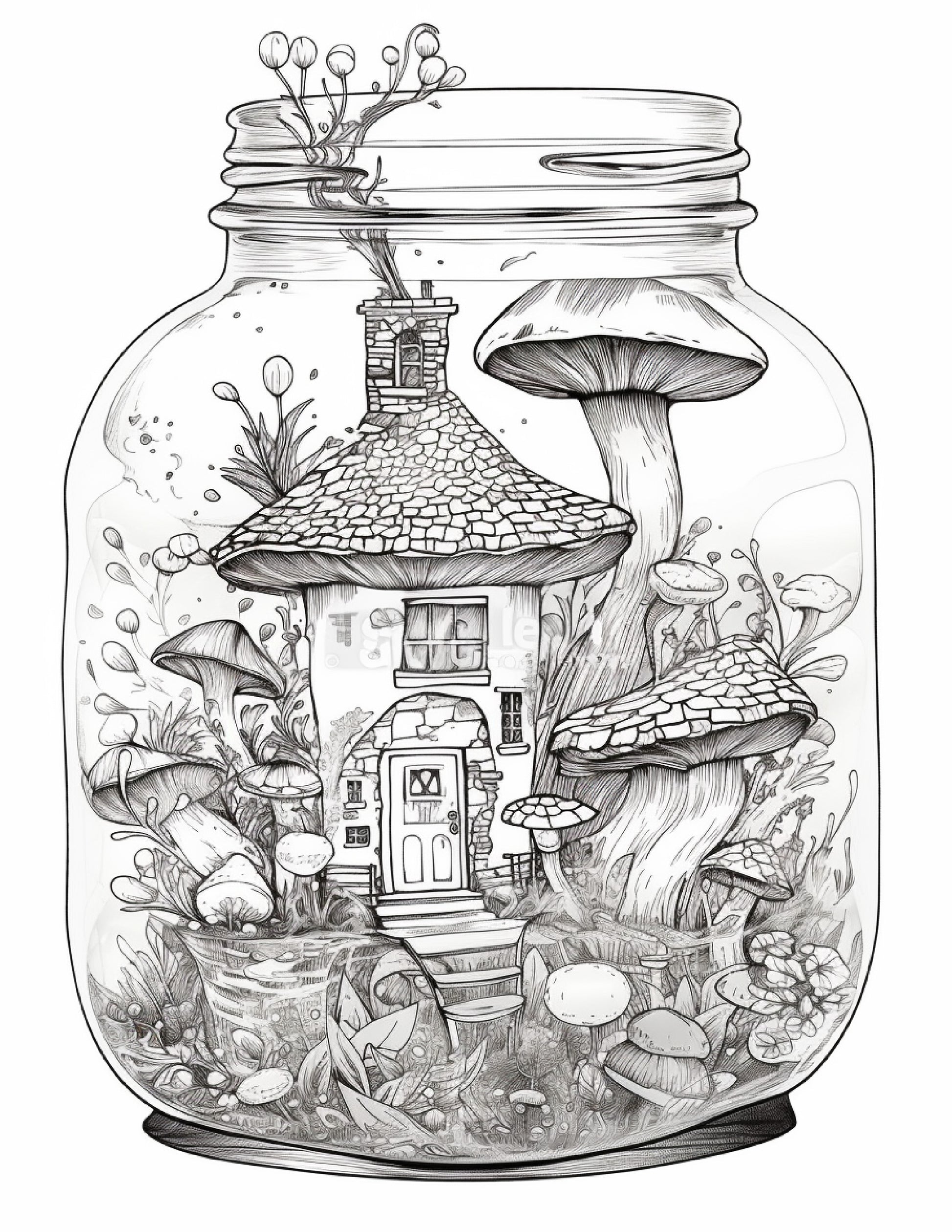 Printable fairy houses in jar coloring pages for adults grayscale â coloring