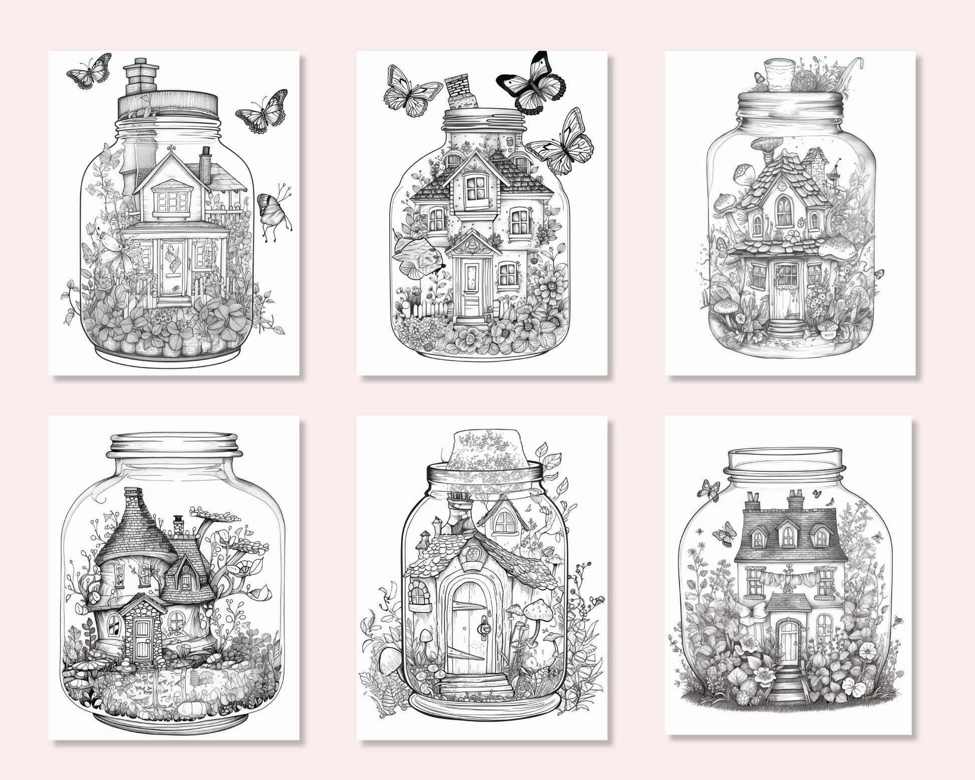 Printable fairy houses in jar coloring pages for adults grayscale â coloring