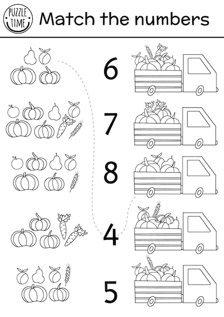 Premium vector match the numbers black and white game with van and harvest autumn line farm math activity with cute vegetables fruit educational printable counting worksheet or coloring page for kidsxa