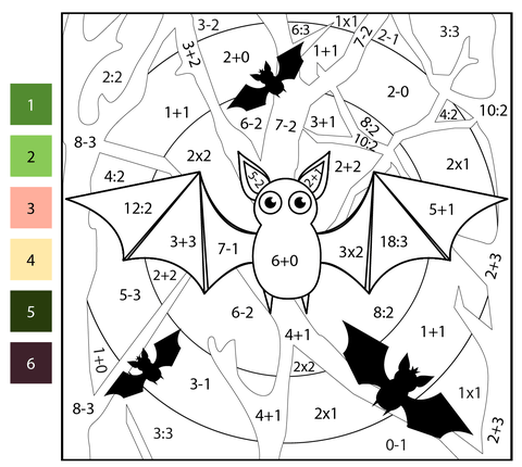 Math color by number bat free printable coloring pages