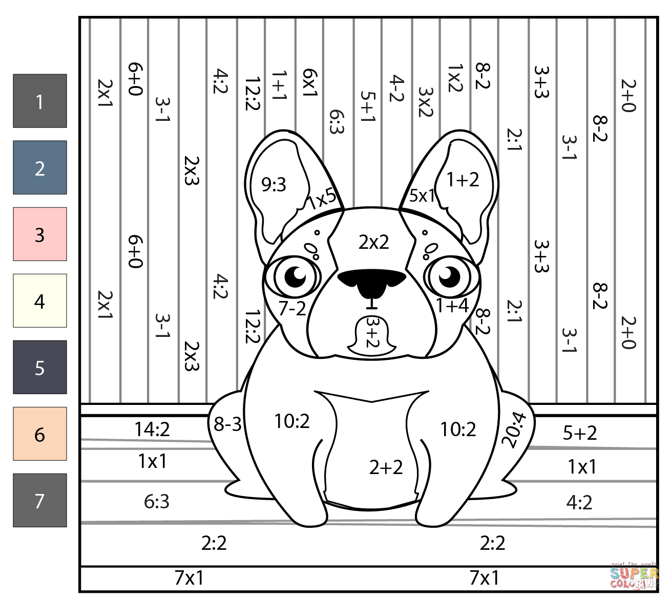 Math color by number bulldog free printable coloring pages